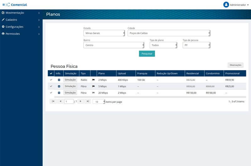 Sistemas web da Outcenter desenvolvido pela aplico soluções